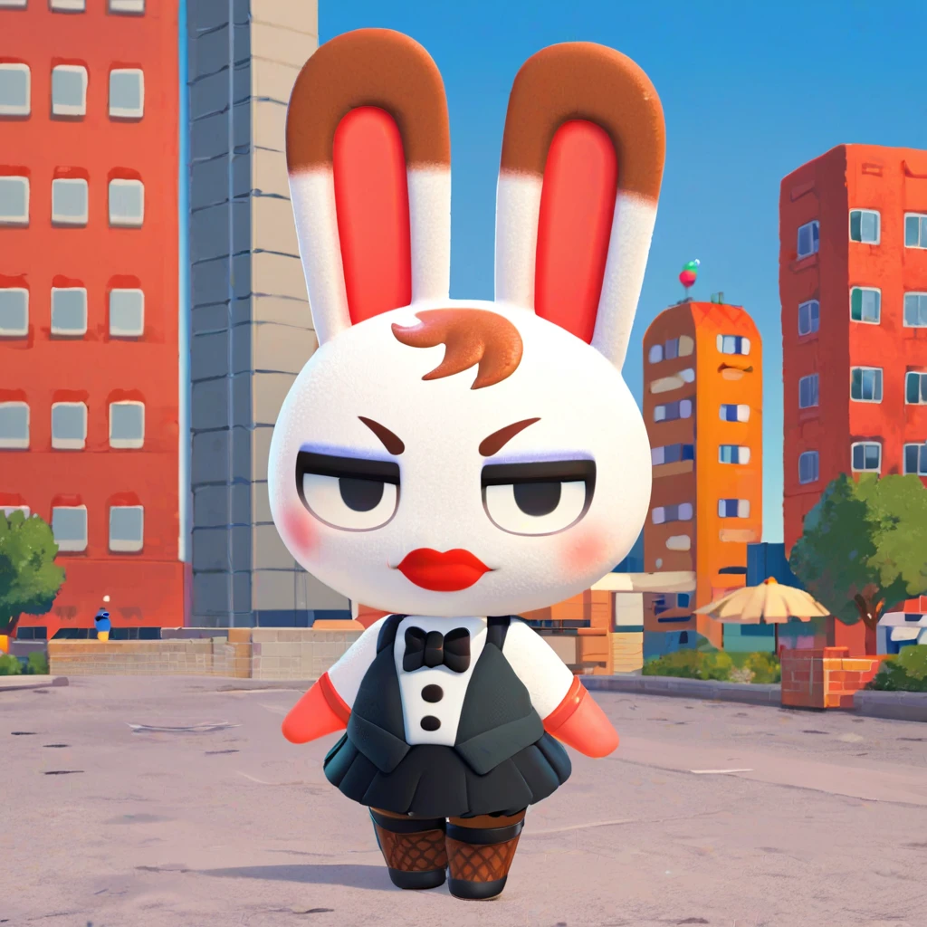 score_9_up, score_8_up, score_7_up, score_6_up, tiffany \(animal crossing\), anthro rabbit, 1girl, tuxedo dress, skirt, bow tie, furry female, red lipstick, eyeshadow, vest, jitome, chibi, cute, elbow gloves, fishnets, city background, masterpiece, high quality, 4k, high resolution