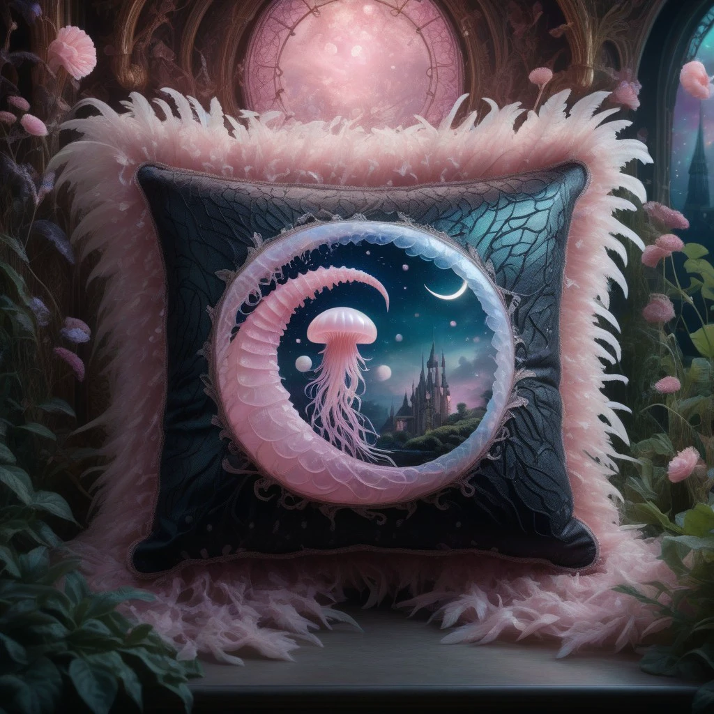 best quality, reality-shot, realism, realistic portrait photography of a beautiful pillow with whimsical elements, magical fairytale landscape, elaborate fantasy style art, black and light pink theme, intricate details, exquisite detail, ultra sharp, flawless composition, vivid colors, masterpiece, exciting background with glowing flowers and a crescent moon, opalescence, fantastical Crystal, glowing, Waterdrop, jellyfish, Framed by plants, in the style of art nouveau, scales, feathers, cracks