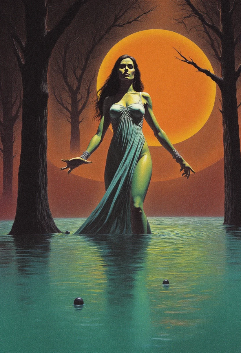 DNdGr41nyB0yz style, A d powerful fantasy painting of A woman in a dress. She is wading in water. Her dress is melting into the water.There are trees to the side.There is a sunset in the background.