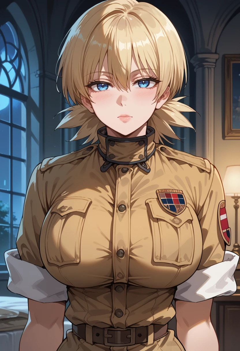 score_9, score_8_up, score_7_up, score_6_up, source_anime, absurdres, highres, 
upper body,
seras victoria , 1girl, solo, looking at viewer, half-closed eyes, belt, khaki military uniform, arms behind back, armband, sleeves rolled up, pocket, breast pocket, shirt, blonde hair, short hair, blue eyes, huge breasts, impossible clothes, skindentation, 
from front, portrait,
night, indoors, castle hall, <lora:Seras_Victoria__Hellsing:0.8>