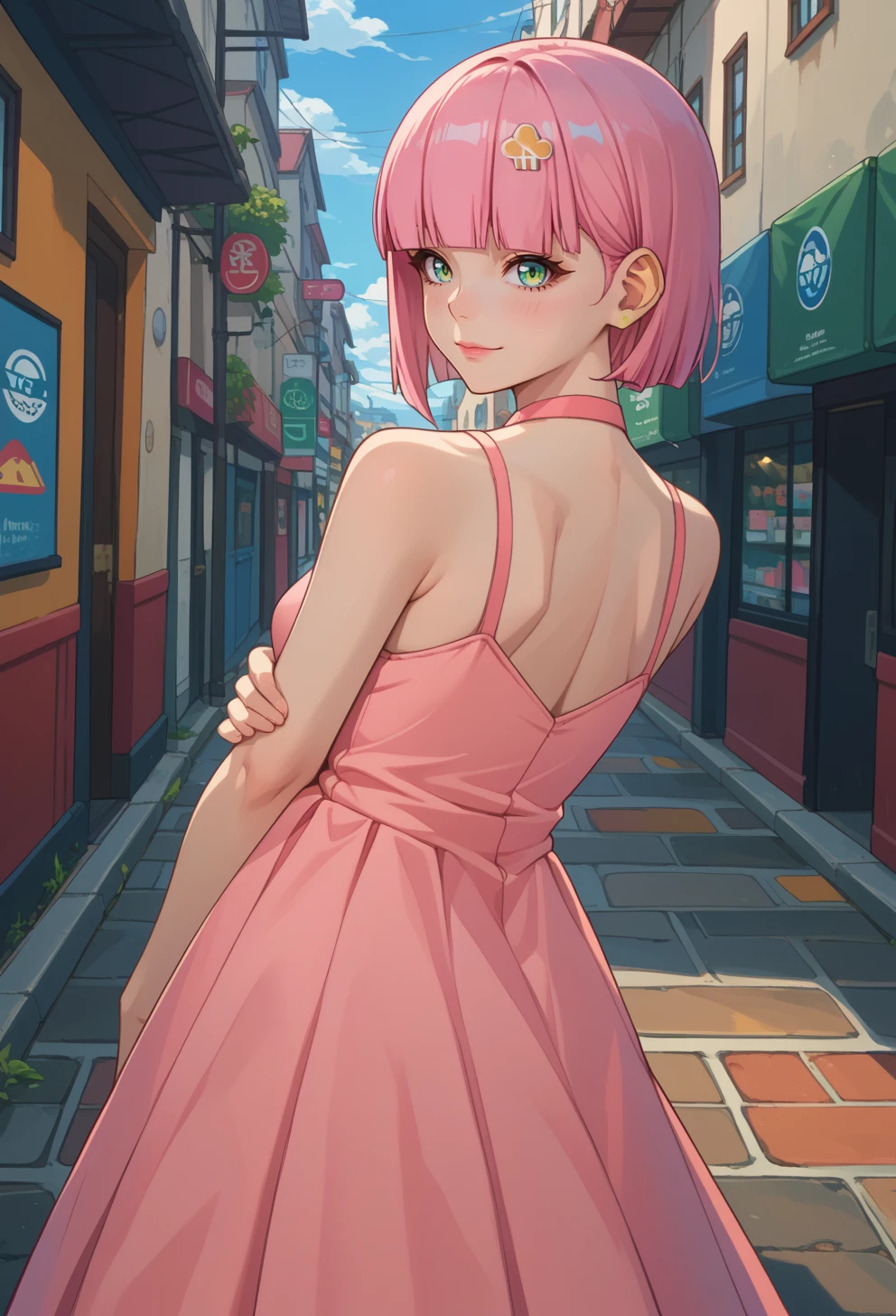 score_9, score_7_up, source_anime, solo, BREAK <lora:AERain-000009:0.9> AERain,multicolored eyes, green eyes, blue eyes, blunt bangs, Pink hair, short hair, asymmetrical bangs, hair ornament, hairclip,
long dress, sleeveless, bare back, off shoulder, light smile, full body, taut dress,