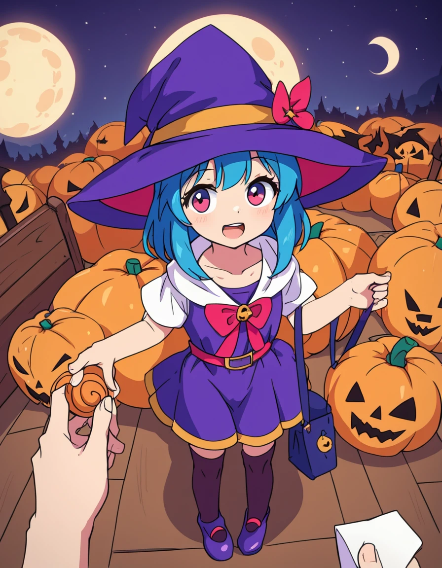 <lora:arcadiaXLP:1> arcadia, kawaii, 1girl, solo
halloween, wearing a witch costume, witch hat, pumpkin, full moon, trick or treat, standing on doormat, smiling, holding a bag of candy, from above, POV, asking for candy, holding out hand