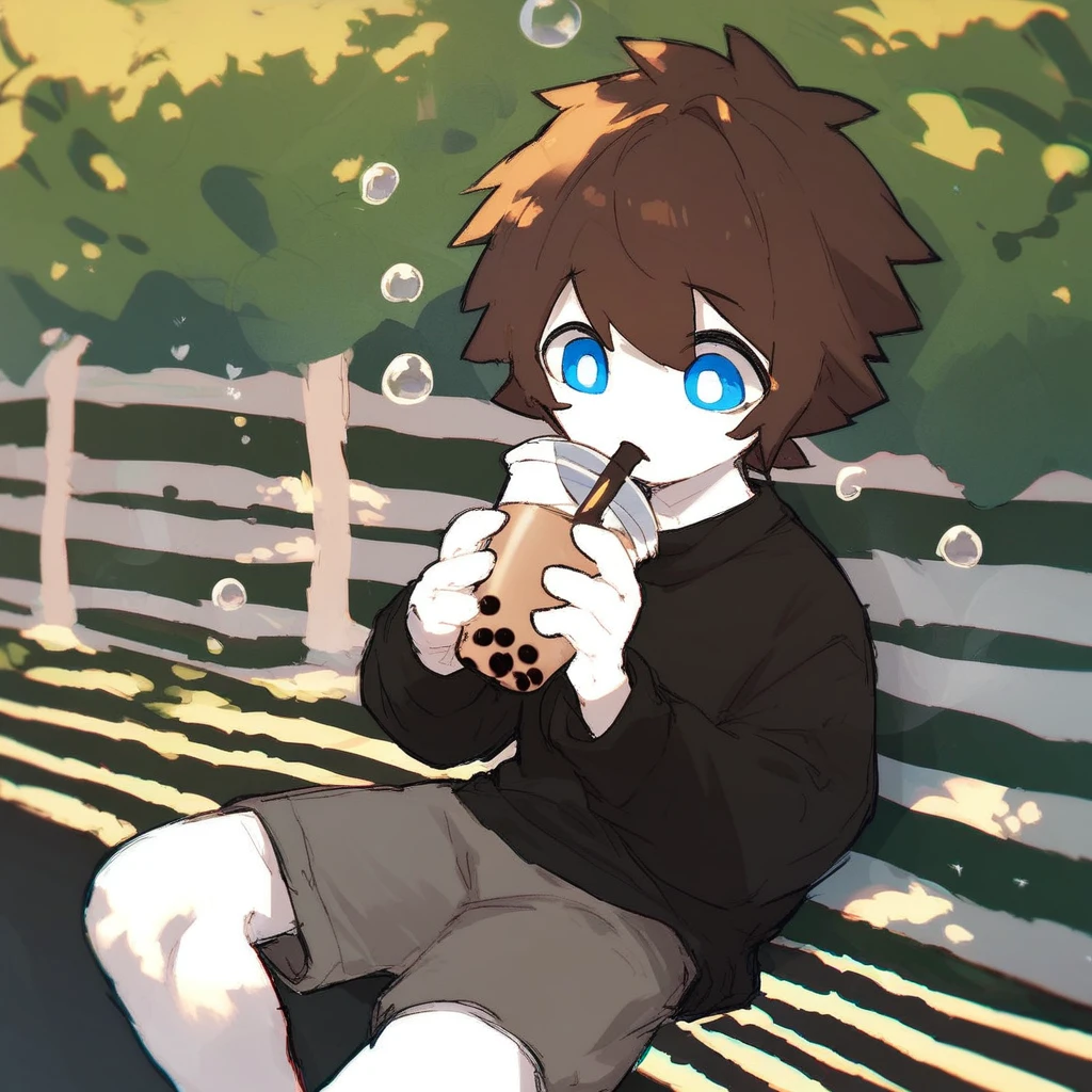 score_9_up, score_8_up, score_7_up, mikus-sona, blue eyes, brown hair, white skin, black boxers, park, holding, bubble tea, black sweater, gray shorts, 1boy, solo