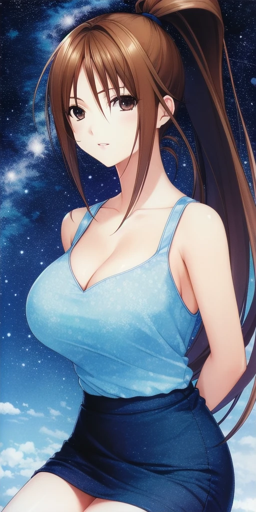 <lora:SatsukiV3:0.7> kitaooji_satsuki_high_ponytail, huge_breasts, standing, solo, arms_behind_back, starry_sky, pencil_dress,, masterpiece, best_quality, detailed_face, detailed_eyes, highres, beautiful, detailed, absurdres,