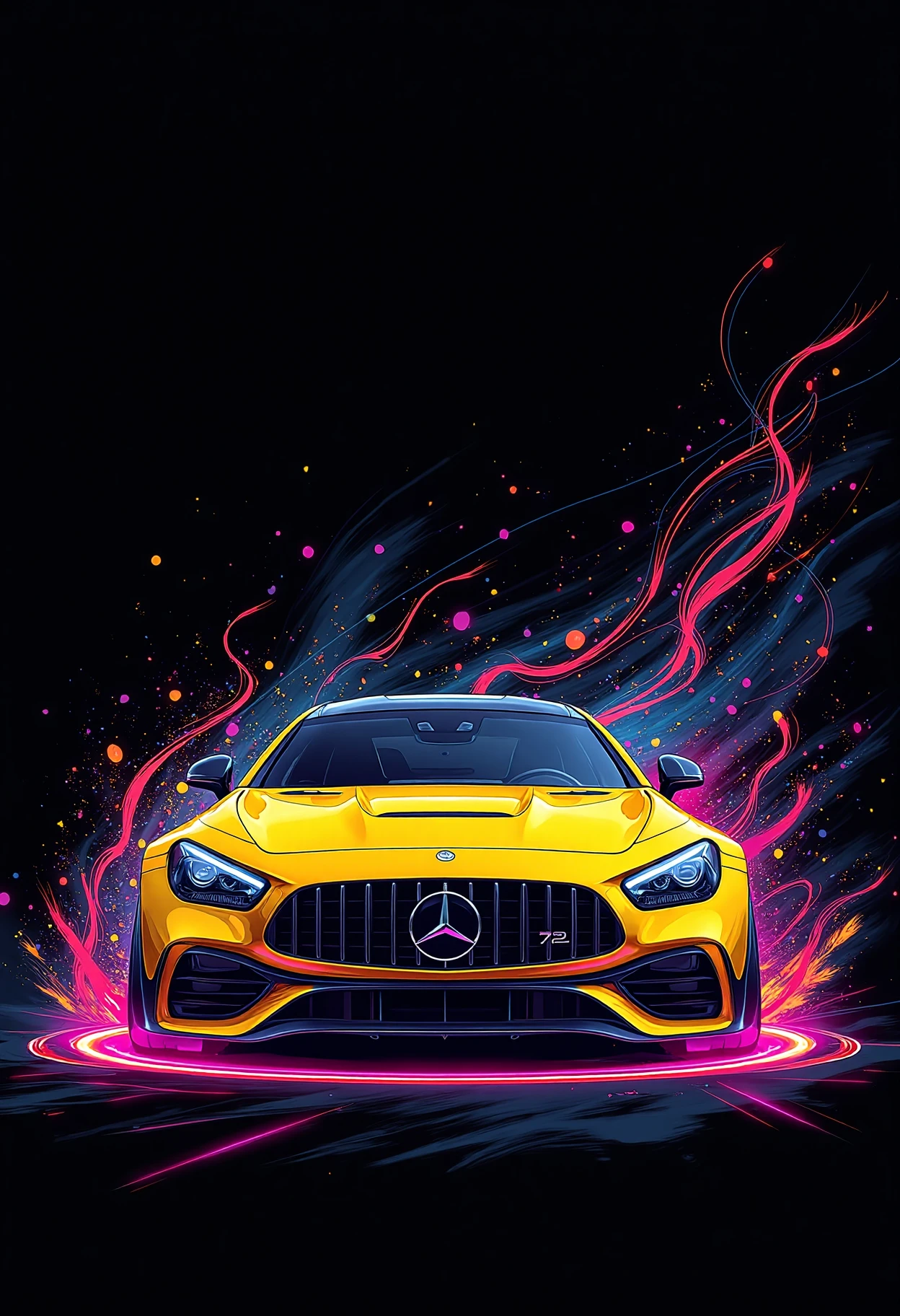 pitch black background, an illustration of a yellow neon dvr-mercedes-amg-cle53 car surrounded by twirling shapes and vectors <lora:dvr-mercedes-amg-cle53:1>