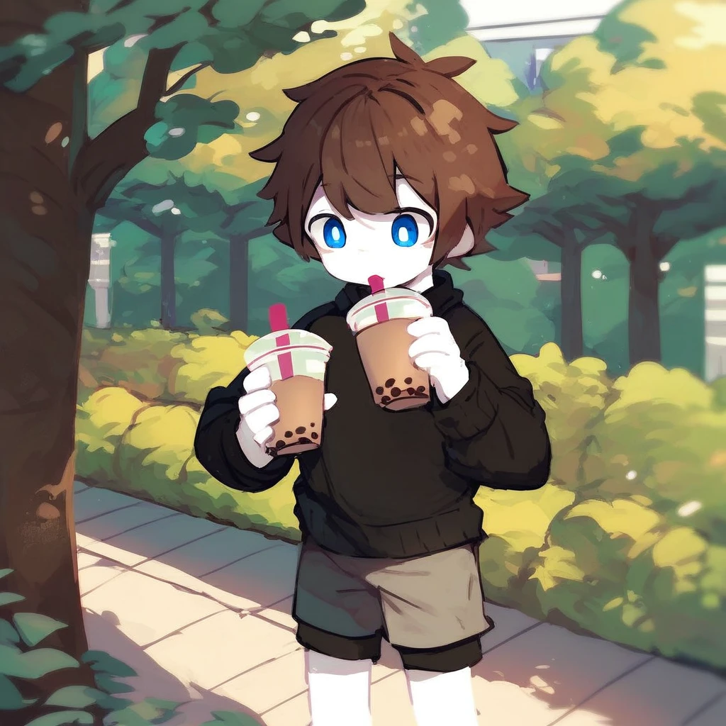 score_9_up, score_8_up, score_7_up, mikus-sona, blue eyes, brown hair, white skin, black boxers, park, holding, bubble tea, black sweater, gray shorts, 1boy, solo