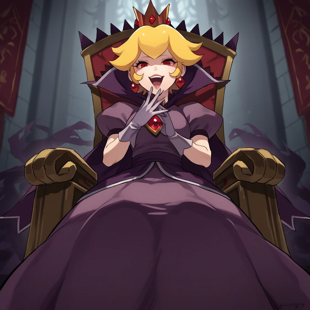 score_9, score_8_up, score_7_up, score_6_up, score_5_up, score_4_up, zPDXL2,source_anime,rating_questionable,  <lora:Shadow_Queen_Peach:0.8> sh4dp3ach, princess peach, blonde hair, short hair,red eyes, low angle, purple dress, puffy short sleeves, white gloves, cape, crown, jewelry, red eyes, shadowy hands, throne, laughing, evil laugh, legs crossed, lounging,