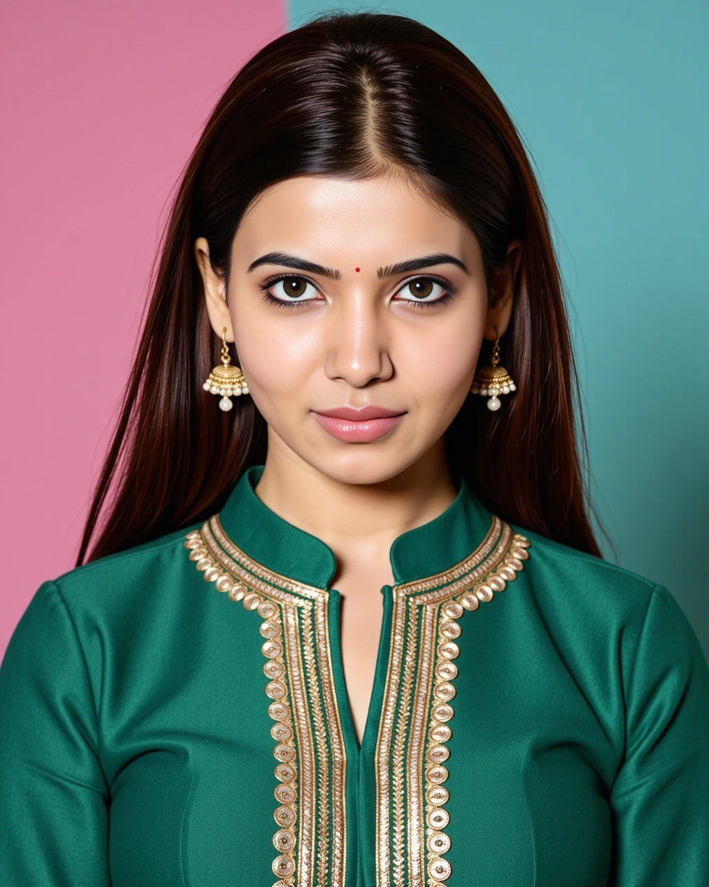 headshot photo samantha ruth prabhu woman,paparazzi photo, serious face,studio quality, wearing intricate high neck elegant Emerald  Jeans_with_kurta, straight hair, darker pastel shaded multicolored background<lora:TestBed\Samantha_Ruth_Prabhu_Flux_Kohya_V1-000001.safetensors:1.0:1.0>