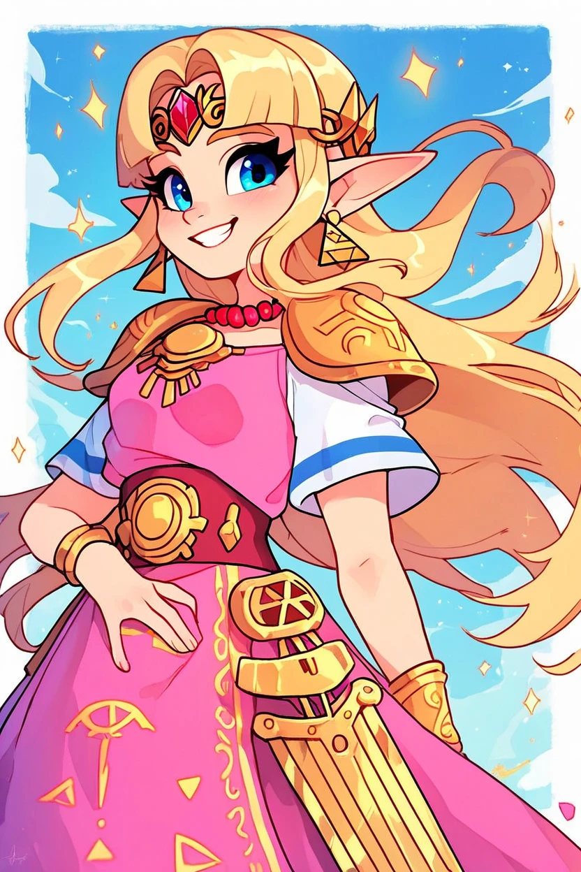 score_9, score_8_up, score_8, medium breasts, (curvy), cute, eyelashes,       BREAK, , BREAK, <lora:UltimatePrincessZelda_PDXL_v1:0.8>, zzUZelda, blonde hair, jewelry, dress, pink tabard, triforce, circlet, armor, earrings, necklace, shoulder armor, tiara,, <lora:Style55_PDXL:1.0>, , BREAK,  smile, looking at viewer, cowboy shot,  embedding:zPDXL, Expressiveh, <lora:SDXLFaeTastic2400:0.5>,  <lora:Expressive_H-000001:0.4>,