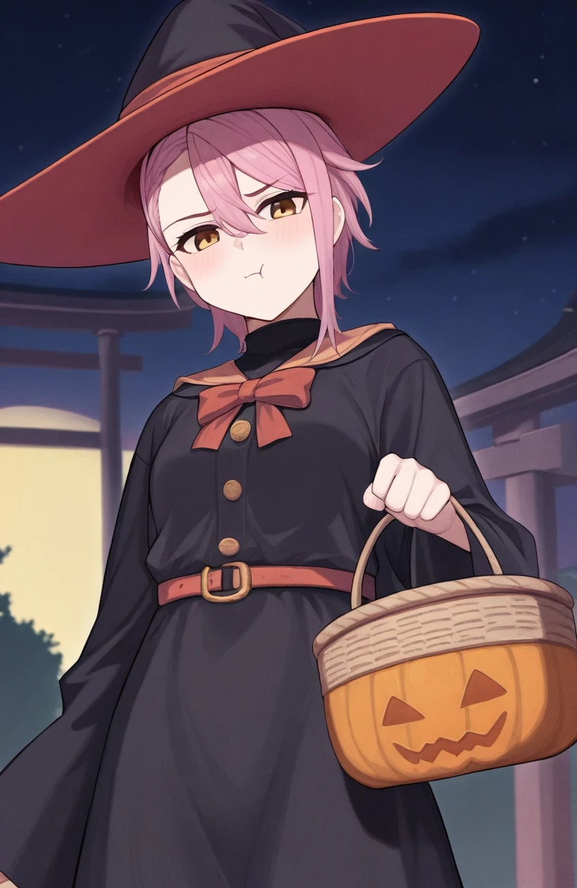 (Score_9,  score_8, score_6, score_7:0.6), masterpiece, best quality, good quality, newest, Aira, 1girl, pink hair, brown eyes, swept bangs, asymmetrical bangs, asymmetrical hair, hair between eyes, short hair, witch hat, witch cosplay, halloween costume, holding basket, halloween bucket, pout, outdoors, night, detailed background, torii, reluctant,  <lora:ShiratoriAira-Dandadan-Illustrious-6:1>âââ