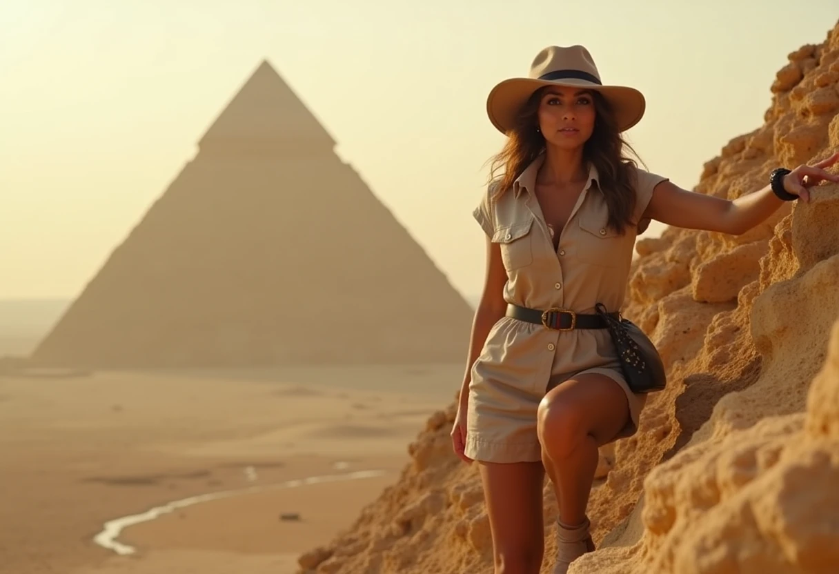 cinematic film still of AH woman climbing the great pyramids of Egypt, safari outfit, safari hat,