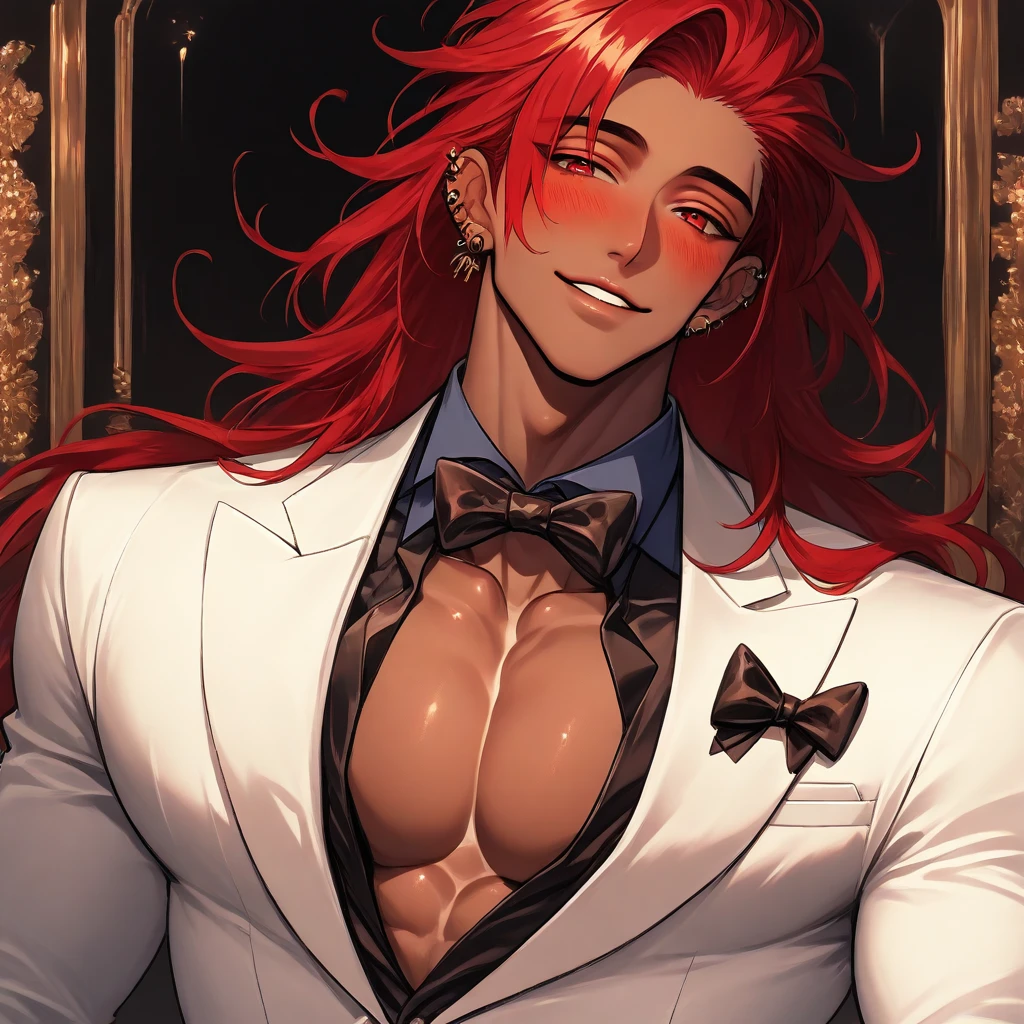 c4ndy, jewelry, red eyes, solo, white suit, earrings, red hair, dark skin, looking at viewer, pectorals, bow, formal, bowtie, 1boy, male focus, shirt, suit, long hair, white jacket, ear piercing, piercing, blush, smile, muscular, parted lips, collared shirt, upper body, dark-skinned male, jacket, pectoral cleavage, eyelashes, illustrative, masterpiece, best quality