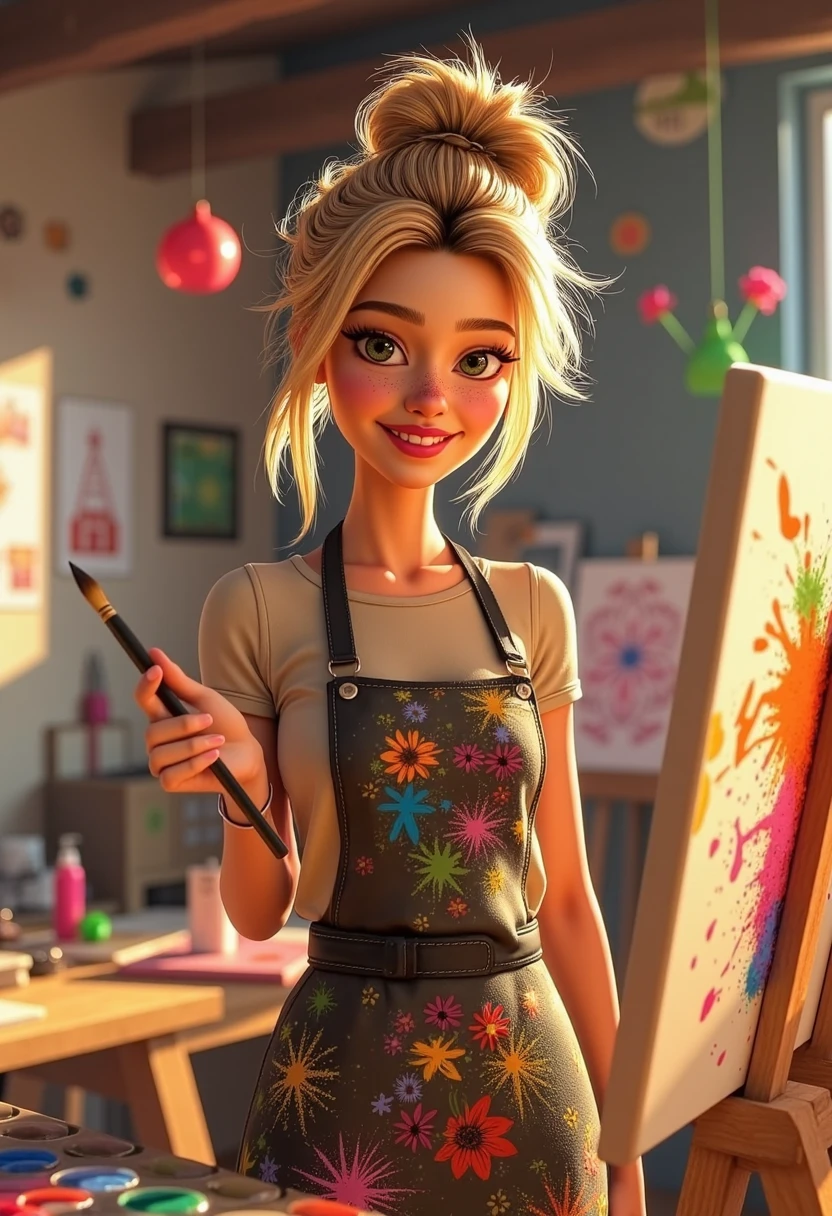 A Pixar-inspired animation of a stunning blonde woman as a talented artist in her colorful studio, dressed in a paint-splattered apron over casual clothes. Her hair is pulled back in a messy bun, and she has a bright, creative smile. She holds a paintbrush in one hand and is surrounded by canvases, colorful paint palettes, and lively decorations. The warm lighting in the room creates a cozy, inviting atmosphere, filled with imaginative elements and whimsical charm.