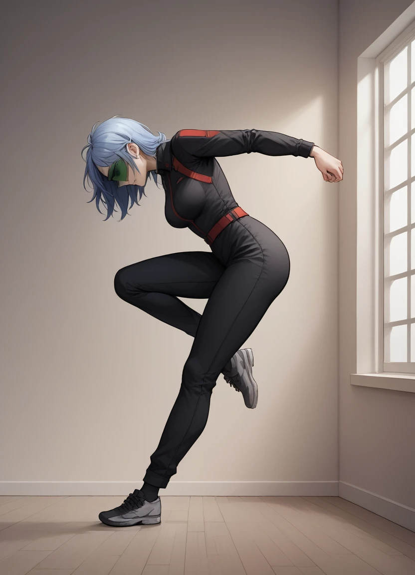 score_9, score_8_up, score_7_up, score_6_up, source_anime, indoors, BREAK full body, from side, jennygamerfox, human, female, 1girl, solo, visor, black jumpsuit, shoes, dynamic pose <lora:jennyv2_epoch_10:0.8>