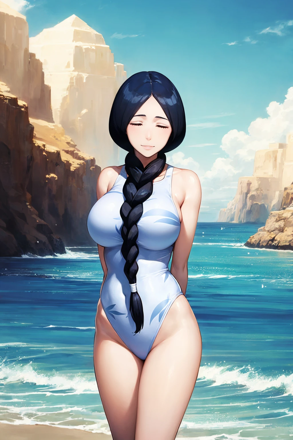 masterpiece, best quality,
1girl, unohanaretsu, black hair, braid, long hair,
white one-piece swimsuit, large breasts, highleg swimsuit,
closed eyes, arms behind back, standing, smile, solo, looking at viewer, sea, sand, blue sky, wave, ocean,   <lora:RetsuUnohana_byKonan:1>