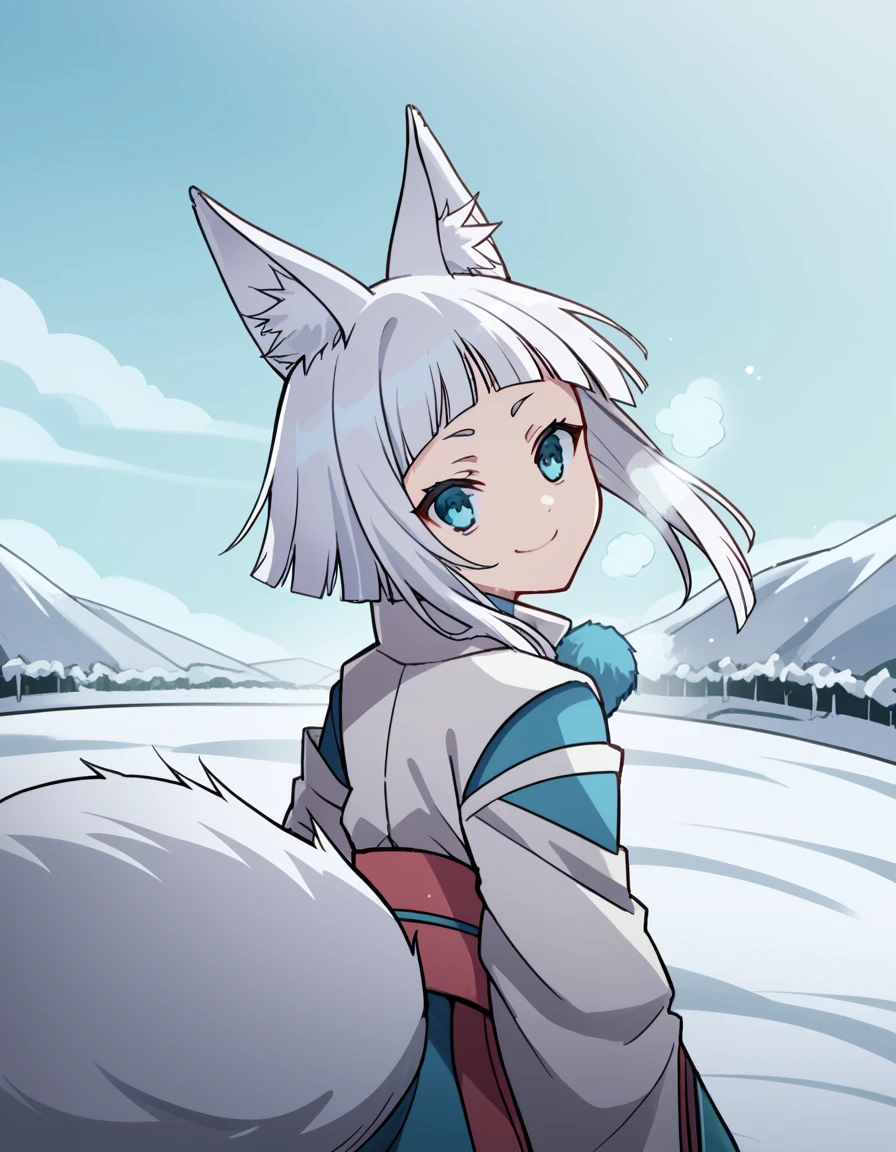 score_9, score_8_up, score_7_up, source_anime, <lora:tokyoravens-kon-s1-ponyxl-lora-nochekaiser:1>, kon, blue eyes, animal ears, tail, white hair, fox ears, fox tail, blunt bangs,, japanese clothes, sash, wide sleeves,, snow day, winter clothes, snowball fight, laughter, cold breath, white landscape, smile, <lora:shaft-look-ponyxl-lora-nochekaiser:1>, shaft look, looking back, from behind, head tilt,, looking at viewer, solo,, dutch angle, cowboy shot