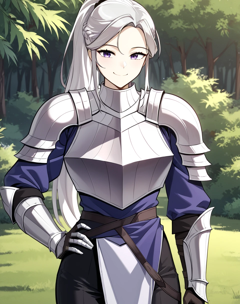 Ilya_Lindsay, white hair, long hair, ponytail, purple eyes, sidelocks, blue shirt, shirt under armor, knight clothes, armor, shoulder armor, breastsplate, black pants BREAK outdoors, forest, assymetrical background, smile, hand on hip, proud face BREAK score_9, score_8_up, score_7_up, source_anime ,zPDXL, <lora:Ilya_Lindsay:0.8>