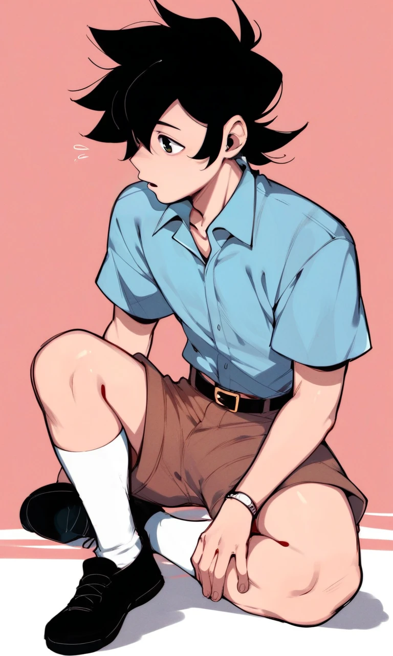  score_9, score_8_up, score_7_up, Jay Gigashima, black hair, peach skin, collared shirt, blue shirt, black belt, brown shorts, black shoes, 1boy, solo, solo focus, white socks