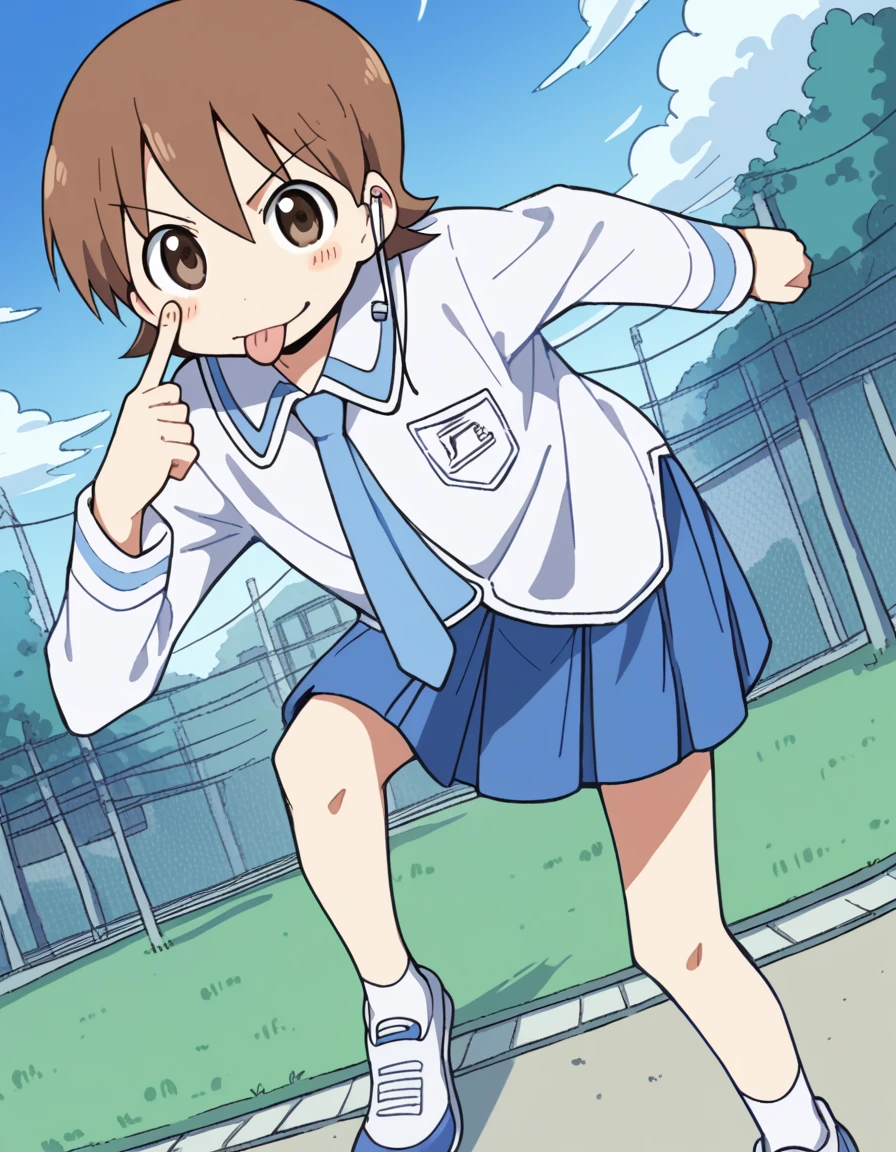 score_9, score_8_up, score_7_up, source_anime, <lora:yuuko-aioi-s1-ponyxl-lora-nochekaiser:1>, yuuko aioi, short hair, brown hair, brown eyes,, skirt, school uniform, necktie, tokisadame school uniform, suburban neighborhood, morning jog, earphones, running shoes, fresh air, sunrise, , <lora:akanbe-ponyxl-lora-nochekaiser:1>, akanbe, eyelid pull, finger to eye, tongue out, :p, tongue, ;p, blush, leaning forward, bent over, from side,, looking at viewer, solo,, dutch angle, cowboy shot