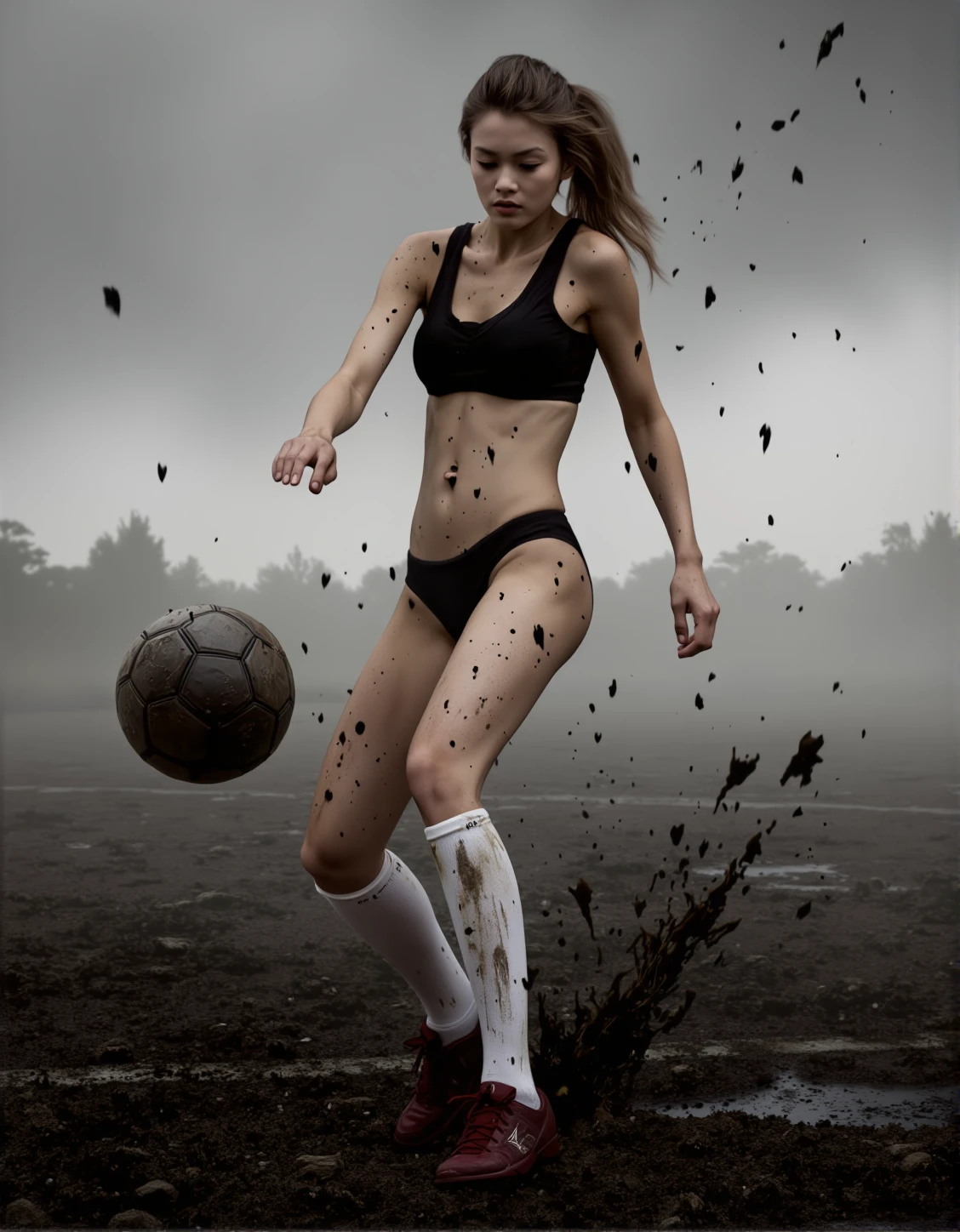 A full-body shot of a stunning young female soccer player, mid-air as she kicks the soccer ball, with mud splashing around her
, <lora:bv-kordirfoo.safetensors:1.0:1.0>