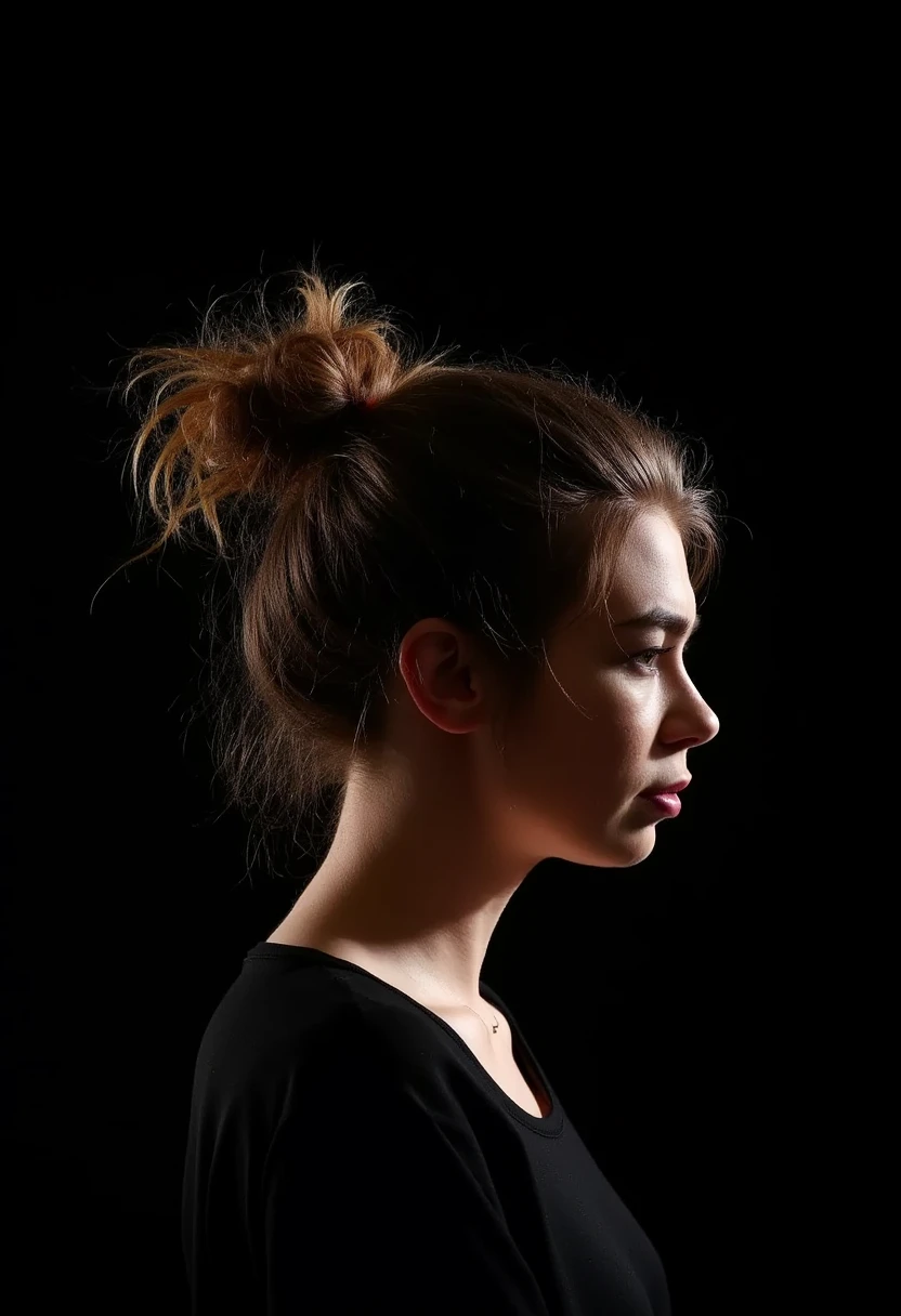 a face profile photo of ronjavonroenne, a woman with messy hair. The background is black. The image is lit in such a way that her head appears to glow around the outline.