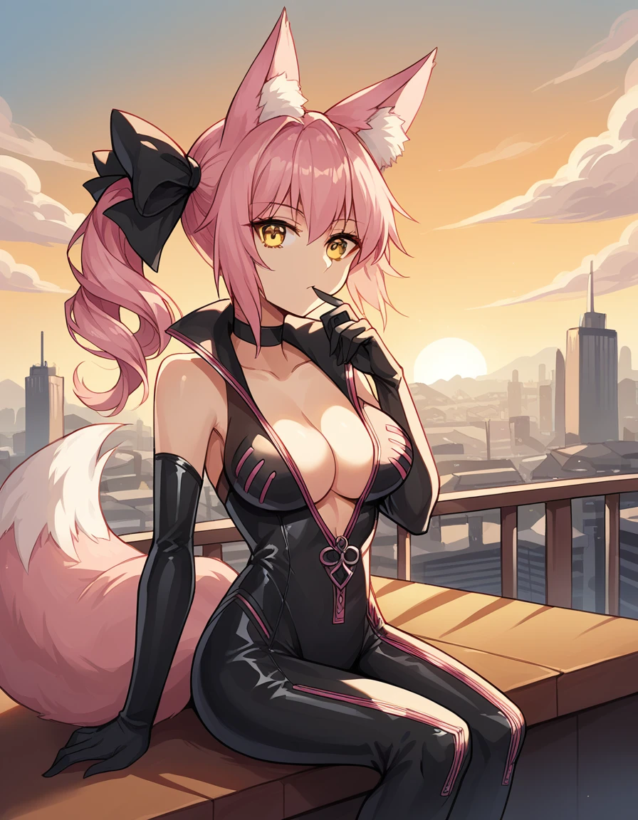 A girl with cat ears and a tail who works at a night bar