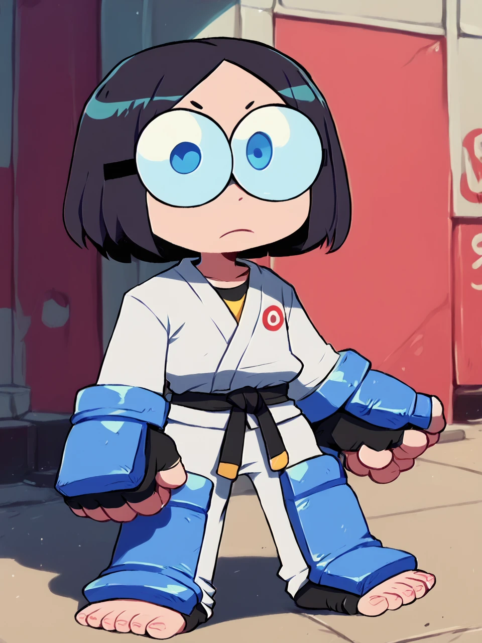 score_9, score_8_up, score_7_up,  score_6_up, BREAK, G0g0Matsum0t0, 1girl, solo, black hair, short hair, blue eyes, glasses, fingerless gloves, chibi, dougi, black belt, toeless legwear, <lora:Gogo_Matsumoto:1>