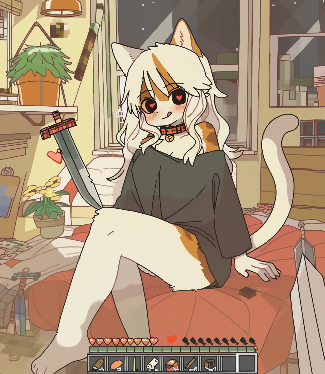score_9, score_8_up, <lora:doremifaso64_minecraft_style_v1:1>, doremifaso64_minecraft, interface, death screen, 1girl, solo, long hair, looking at viewer, blush, smile, shirt, animal ears, sitting, tail, white hair, weapon, multicolored hair, heart, tongue, indoors, sword, cat ears, tongue out, off shoulder, black eyes, english text, collar, black shirt, cat tail, symbol-shaped pupils, window, heart-shaped pupils, cat girl, knife, furry, box, :q, furry female, licking lips, potted plant, body fur, animal nose