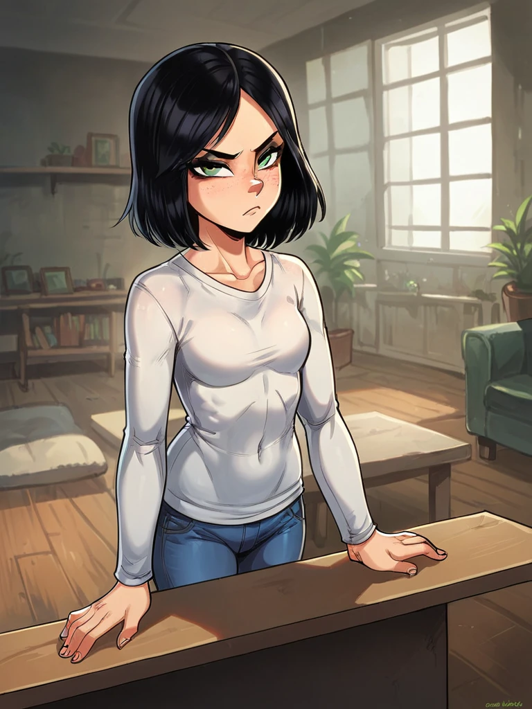 score_9, score_8_up, score_7_up, 
1girl, vault meat, black hair, green eyes, eyeliner, medium hair, parted bangs,
small breasts,
black t-shirt, jeans, long sleeves, standing, indoors, living room, leaning on table, frown, narrowed eyes, looking at viewer,
