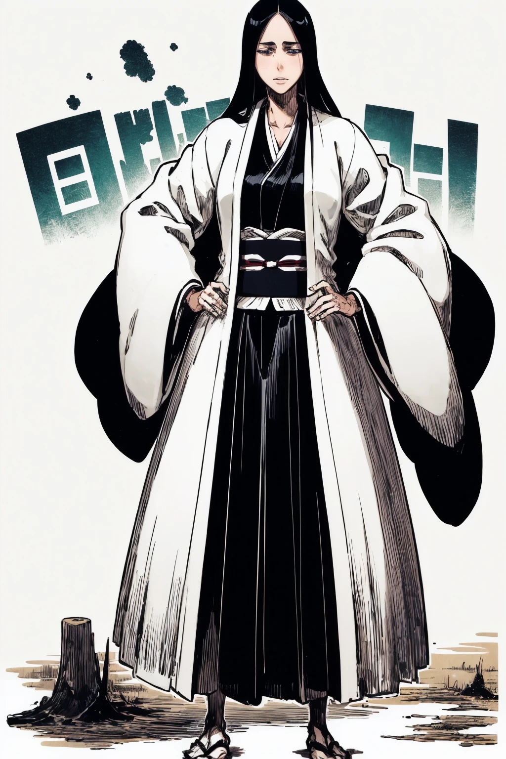 masterpiece, best quality,
1girl, bankai, black hair, long hair, blue eyes,
haori, japanese clothes, kimono, tabi,
katana,
hands on hips, standing, full body, solo, looking at viewer, simple background, white background, <lora:RetsuUnohana_byKonan:1>