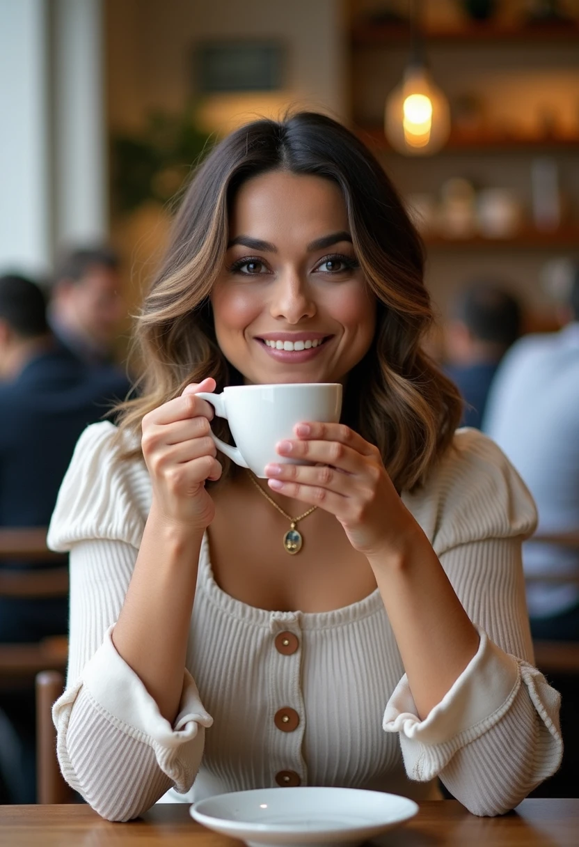 photo of AH woman drinking coffee at cafe, pretty dress, smile, crowded place, UHD,