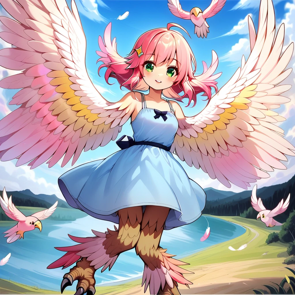 winged arms,harpy,flying,blue sundress,lake,sky,cloud,green eyes,pink hair,pastel feathers,