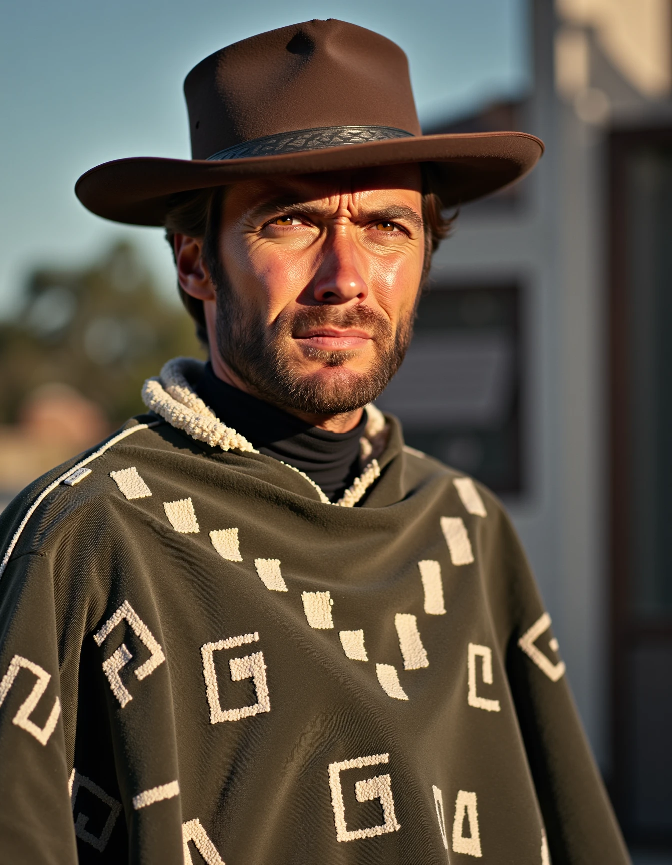 professional portrait of manwithnoname wearing a patterned poncho and a hat, set against a western background
<lora:manWithNoNameFlux:1>