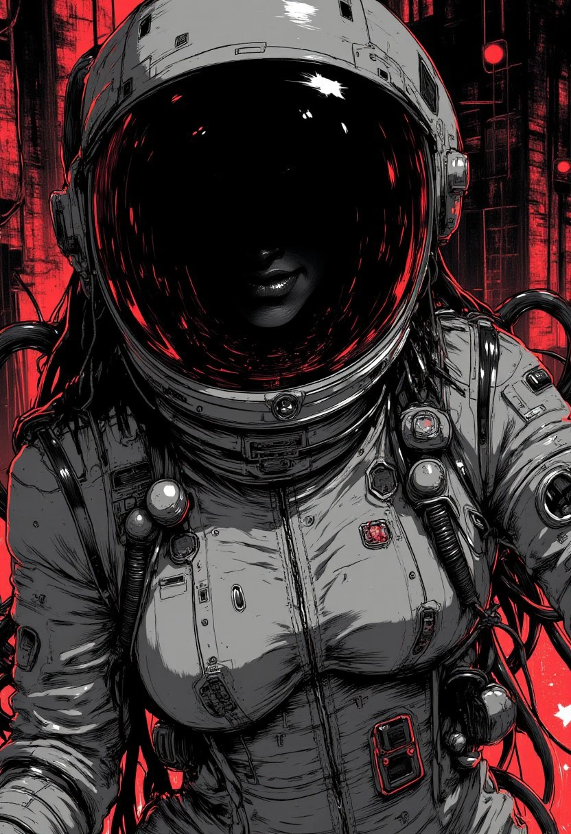 nistyle, Monochrome Manga/Anime sketch, An extreme close-up of a captivating, voluptuous astronaut in a vintage 70s style, wearing a reflective astronaut helmet that obscures her features. The darkness inside the helmet mirrors her large, haunting eyes, wide open and filled with an unsettling sense of dread. A sinister, unsettling smile stretches across her lips, revealing unnaturally sharp teeth that glint menacingly. The sleek, form-fitting space suit clings to her body, adorned with eerie, futuristic elements that seem to pulse with a life of their own. The scene is rendered in a hyper-detailed manga sketch style, emphasizing the chilling contrast of deep shadows and stark whites, with faint hints of blood-red highlights that add to the atmosphere of looming horror.