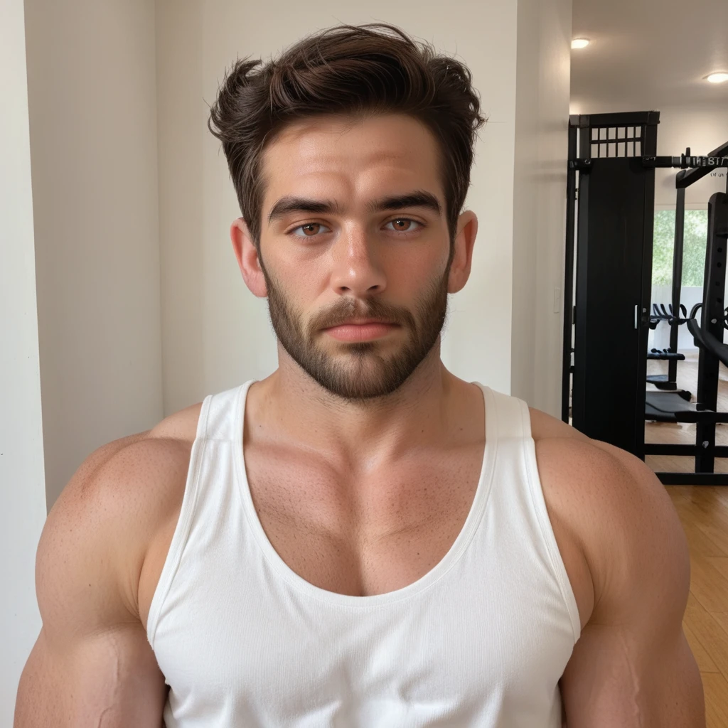 hasan_abi man, facial hair, brown hair, brown eyes, wearing muscle tank top, gym background, <lora:Hasanabi_Youtuber:.7>