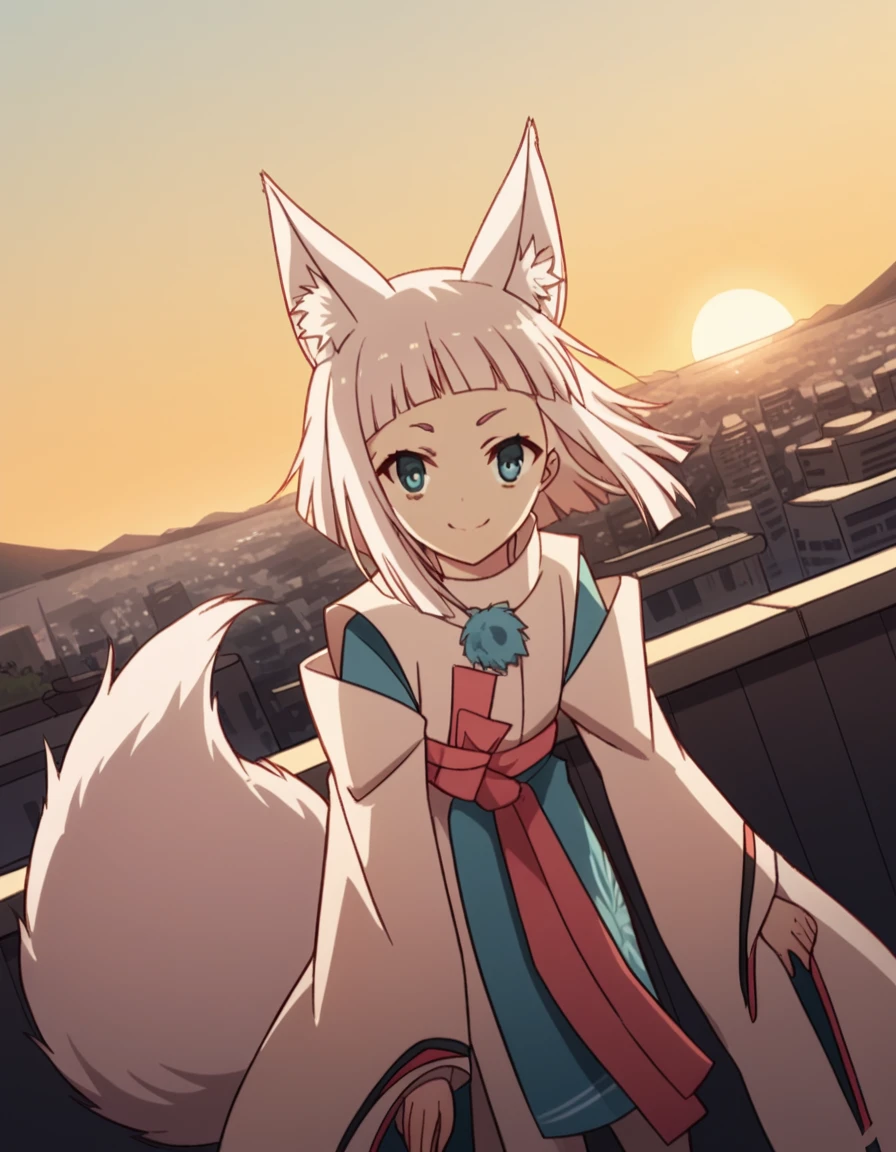 score_9, score_8_up, score_7_up, source_anime, <lora:tokyoravens-kon-s1-ponyxl-lora-nochekaiser:1>, kon, blue eyes, animal ears, tail, white hair, fox ears, fox tail, blunt bangs,, japanese clothes, sash, wide sleeves,, rooftop, sunset, cityscape, quiet moment, wind blowing, contemplative, smile, leaning forward,, looking at viewer, solo,, dutch angle, cowboy shot