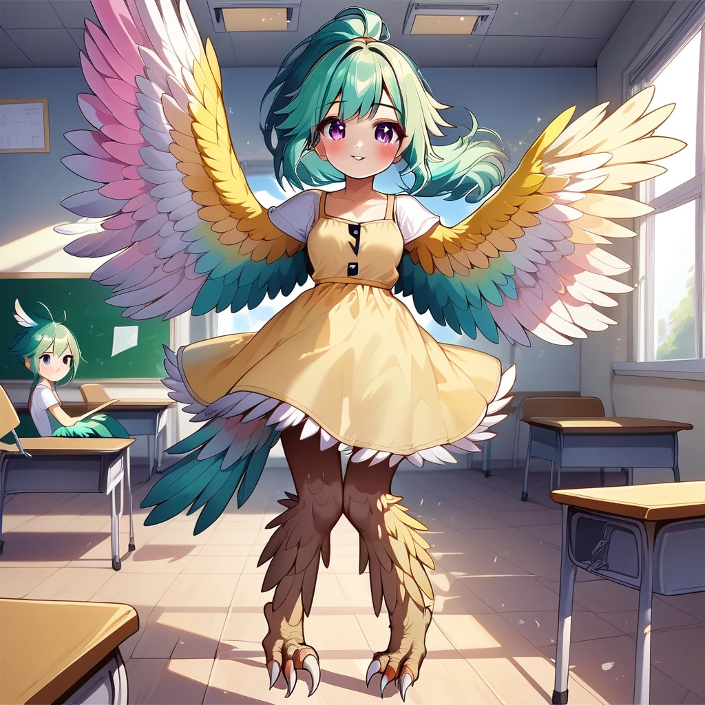 winged arms,harpy,flying,yellow sundress,indoors,classroom,sitting,purple eyes,green hair,pastel feathers,