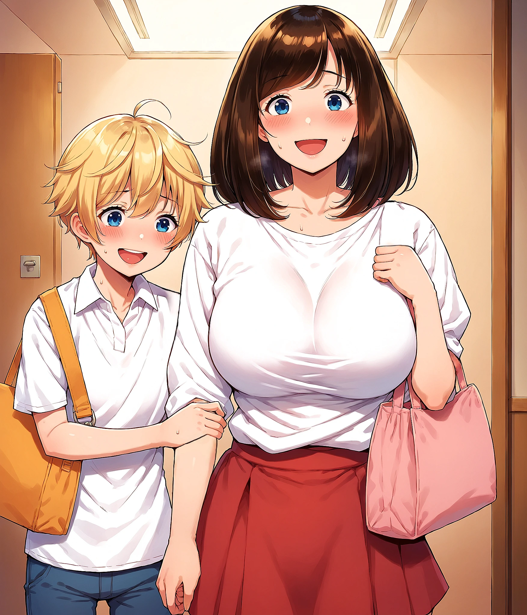 score_9, score_8_up, score_7_up, 2D, Agata_style, Riho, 1girl, solo, medium hair, brown hair, blue eyes, breasts, blush, smile, open mouth, skirt, large breasts, shirt, 1boy, hotel receptiont, age difference, one shoulder bag female, Aoikun, holding another's arm, short hair, blonde hair, hotel interior, size difference, smaller male, rating safe, censored