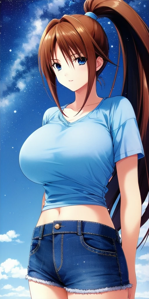 <lora:SatsukiV1:0.7> kitaooji_satsuki_high_ponytail, huge_breasts, standing, solo, arms_behind_back, starry_sky, denim_shorts,, masterpiece, best_quality, detailed_face, detailed_eyes, highres, beautiful, detailed, absurdres,