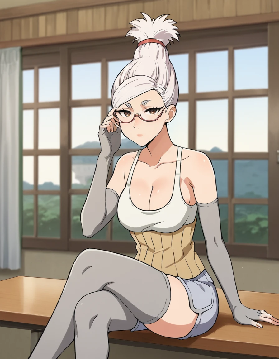 score_9, score_8_up, score_7_up, source_anime, BREAK
1girl, solo, looking at viewer, blurry background, cowboy shot, indoors, window, curtain,
seiko ayase, white hair, long hair, tied hair, topknot, brown eyes, semi-rimless eyewear,
casual outfit, cleavage, collarbone, white tank top, bare shoulders, grey gloves, fingerless gloves, haramaki, short shorts, grey thighhighs, toeless legwear, sitting, crossed legs,
<lora:seiko_ayase_anime_v4-soralz:1>