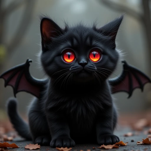 a cute monster cat with red eyes black fur and bat wings