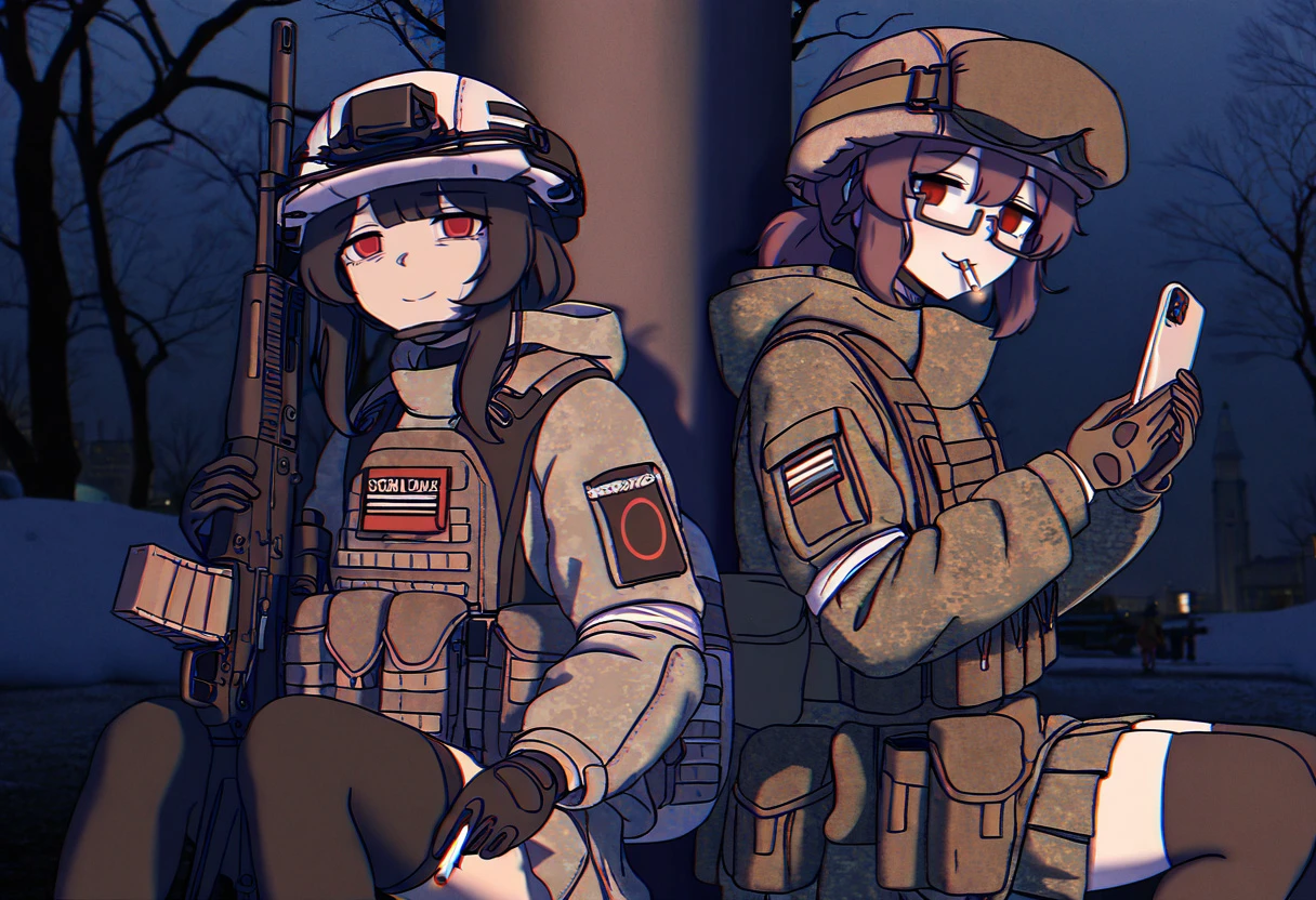 multiple girls, 2girls, b1-517, looking at viewer, smile, short hair, skirt, brown hair, long sleeves, gloves, red eyes, thighhighs, holding, sitting, jacket, weapon, glasses, holding weapon, bag, uniform, gun, zettai ryouiki, military, military uniform, phone, backpack, cellphone, helmet, holding gun, smartphone, semi-rimless eyewear, rifle, holding phone, brown gloves, pouch, cigarette, green jacket, under-rim eyewear, smoking, assault rifle, dark, camouflage, holding cigarette, soldier, patch, tactical clothes, camouflage jacket, battle rifle, tree, night, building, bare tree, film grain, photo background, masterpiece, best quality, newest, absurdres, highres,