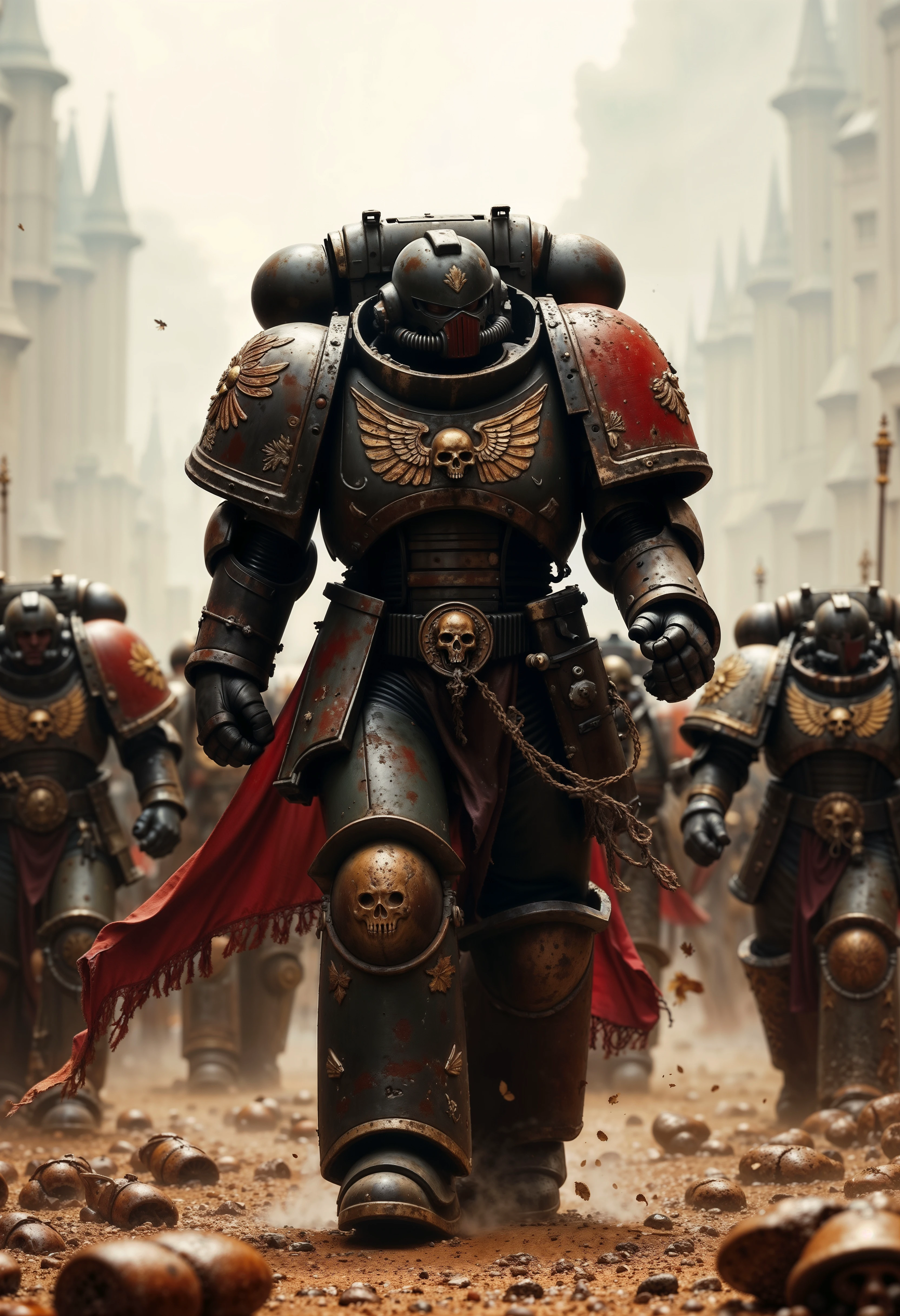 BloodA40K, large space marine walking in a battlefield with an army behind him, <lora:FluxBloodA40K:1>