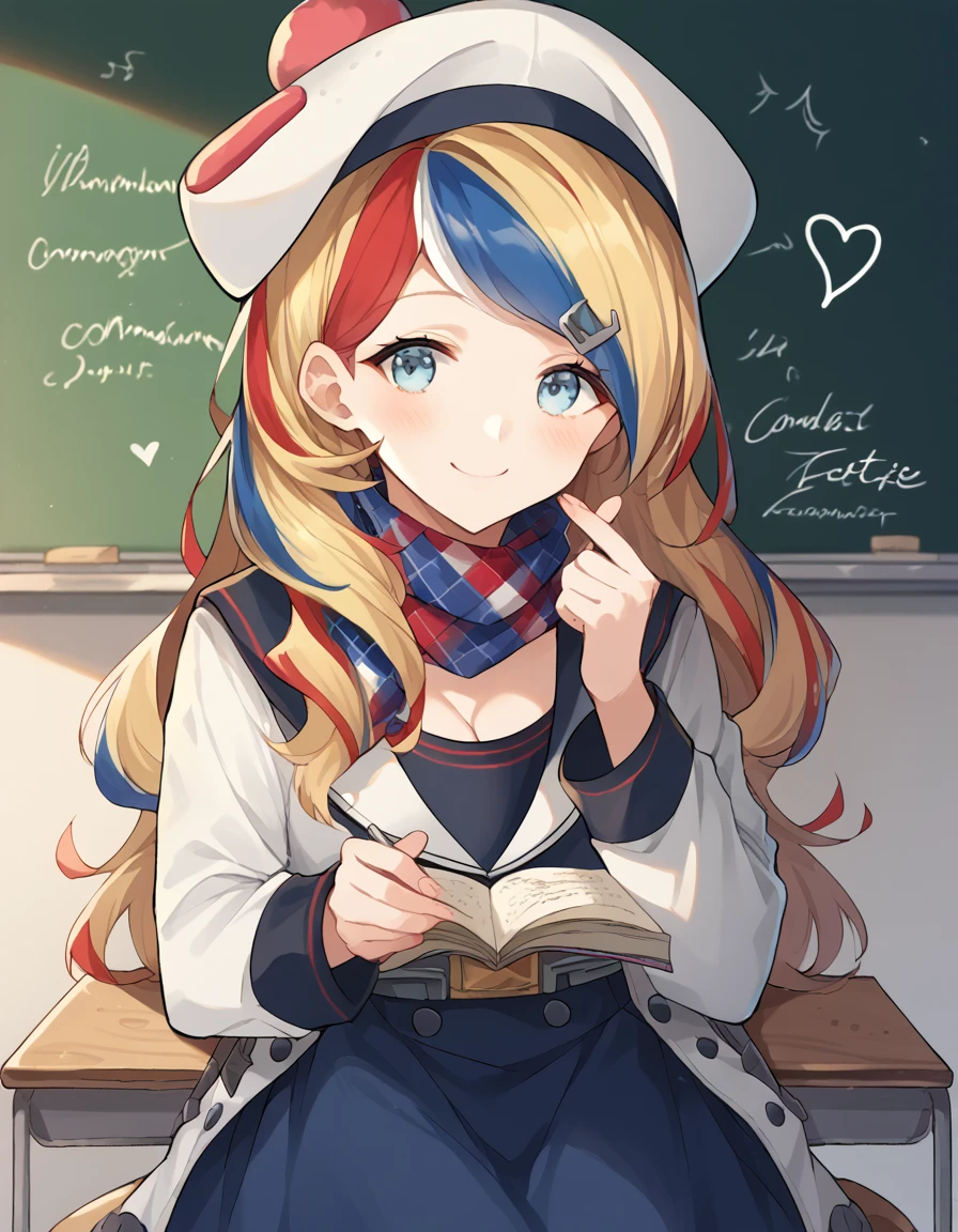 score_9, score_8_up, score_7_up, source_anime, <lora:kancolle-commandant-teste-ponyxl-lora-nochekaiser:1>, commandant teste, commandant teste (kancolle), blonde hair, blue eyes, blue hair, red hair, hair ornament, hair clip, long hair, multicolored hair, streaked hair, swept bangs, white hair,, beret, blue dress, buttons cleavage, double-breasted, dress, hat, jacket, long sleeves, plaid clothes, plaid scarf, sailor collar, scarf, white hat, white jacket, classroom, chalkboard, day time, studying, sitting, chair, desk,, , <lora:finger-heart-ponyxl-lora-nochekaiser:1>, finger heart, heart, blush, smile,, looking at viewer, solo,, dutch angle, cowboy shot