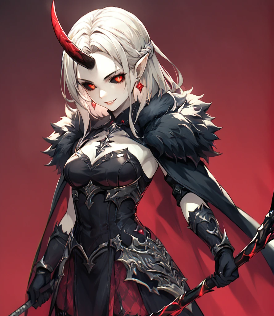 score_9,score_8_up,score_7_up,score_6_up,1girl,solo,looking at viewer,smile,white hair,red eyes,thighhighs,gloves,dress,holding,bare shoulders,weapon,horns,cape,holding weapon,black dress,fur trim,thigh boots,red background,single horn,black sclera,scythe,holding scythe,<lora:GrimmStyle-01:1>,<lora:add-detail-xl:1>,ostentatious,<lora:BeautyInEvilPony:1>,white skin,