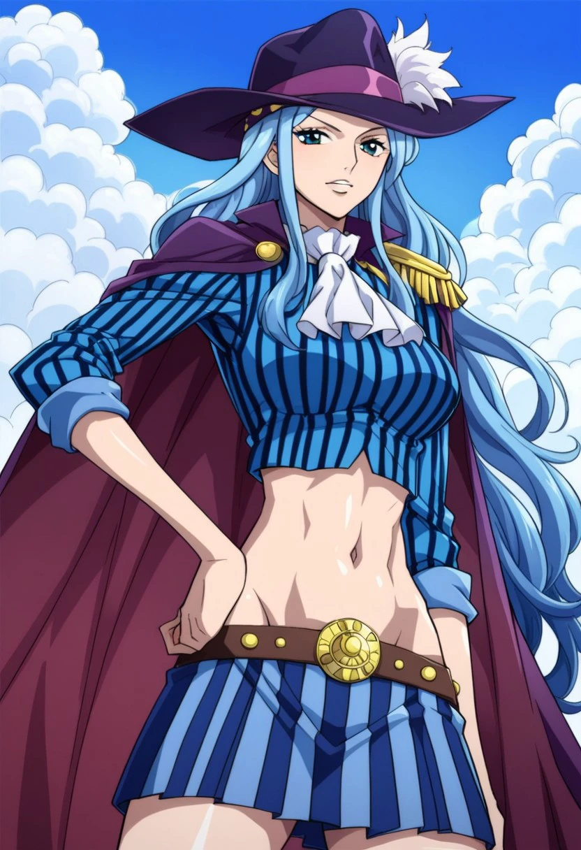 score_9, score_8_up, score_7_up, NelZelFormula,
White Bay, hat, midriff, 1girl, skirt, blue_hair, hand_on_hip, cape, navel, long_hair, ascot, crop_top, pinstripe_pattern, striped, groin, vertical_stripes, miniskirt, solo_focus, (blue sky, clouds)