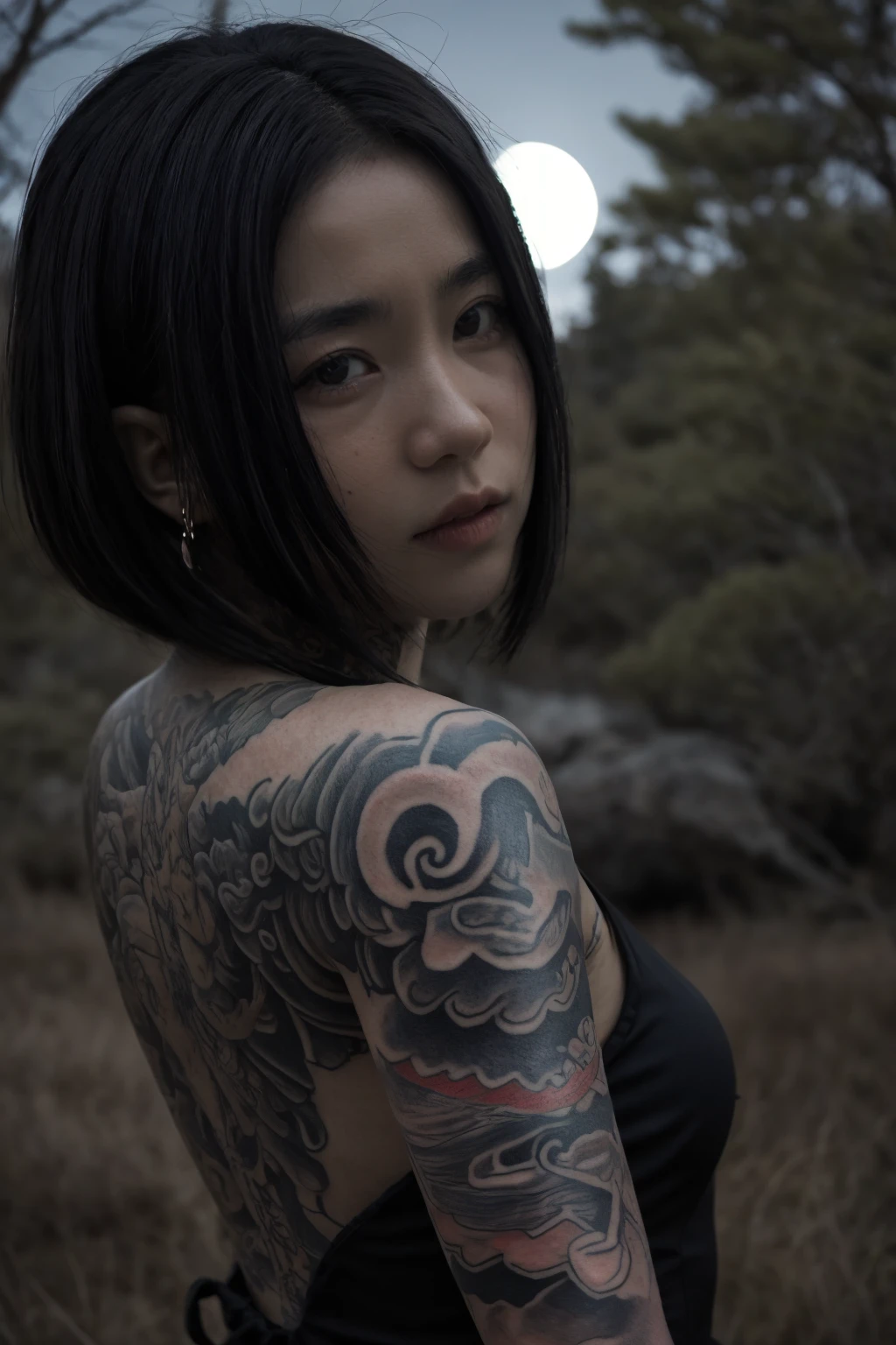 tatoobody,moondy LIGHT,REALISTIC,CINEMATIC FILM,BLURRED,DETAILED,(INCRICATE DETAILS TEXTURE:0.7),DETAILED FACE,NAMAORL QUALITY,in the wilderness,<lora:tatoobody:0.7>,woman,black dress,dragonball tattoo,