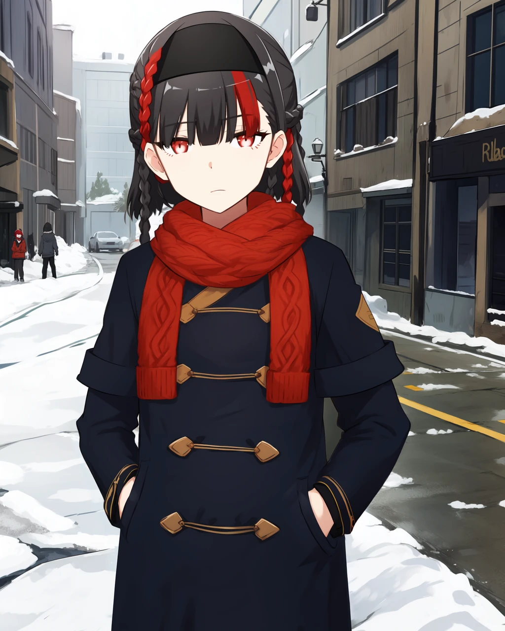 masterpiece, high quality, absurdres, 8k, mgrcgunhild, upper body, medium shot, 1girl, black with red hair, multiple braids, red eyes, black hairband, black winter coat, red scarf, outdoors, city, street, winter, snow, hands in pockets, <lora:mgrcgunhild:0.8>