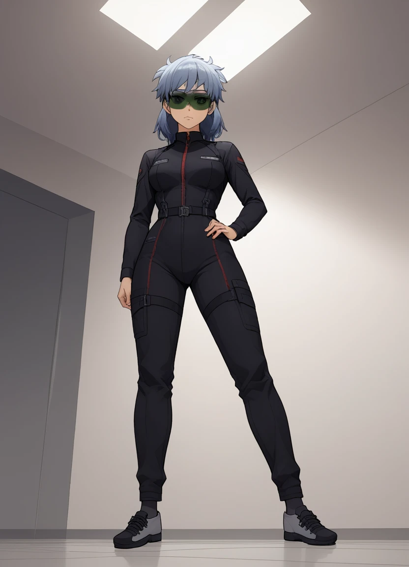 score_9, score_8_up, score_7_up, score_6_up, source_anime, indoors, BREAK cowboy shot, from below, jennygamerfox, human, female, 1girl, solo, visor, black jumpsuit, shoes, dynamic pose <lora:jennyv2_epoch_10:0.8>