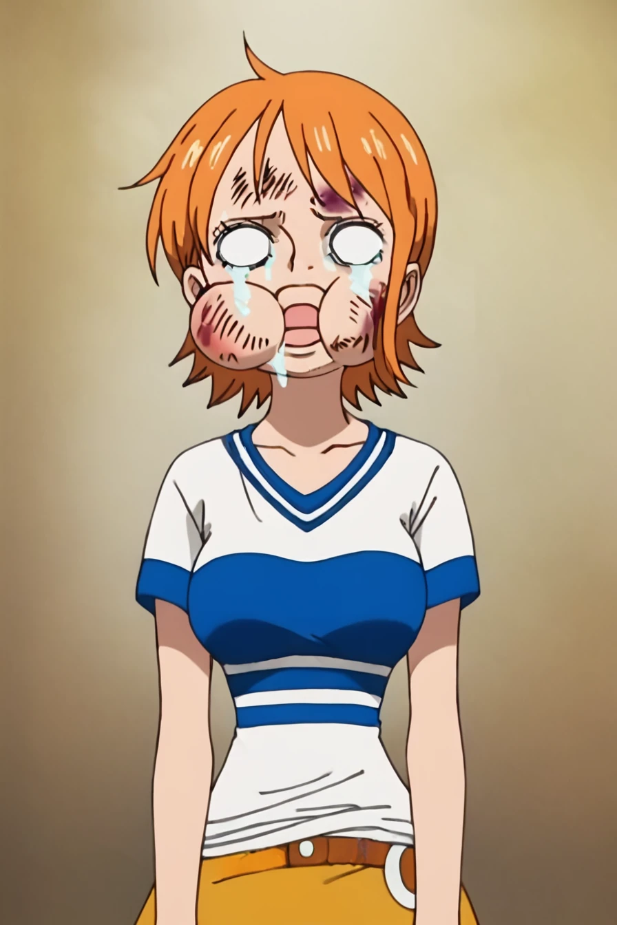 score_9, score_8_up, score_7_up, score_6_up, score_5_up, score_4_up,    <lora:nami_pre_timeskip_many_outfit:0.8>, nami, orange hair, short hair, white shirt, striped shirt, yellow skirt, <lora:beat_up_face:0.8>, 1girl, solo, alone, blank eyes, circular eyes, tears, head bump, bruise, swollen cheeks, masterpiece, highres